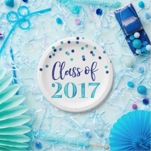 Blauer Watercolorconfetti-Abschluss 2017 Pappteller (Party)