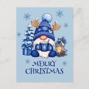 Blauer Weihnachts-Gnom mit Rentierhut Feiertagspostkarte