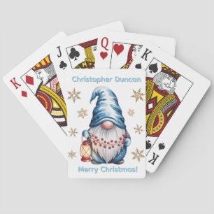 Blauer Weihnachts-Gnom mit roter Laterne und Beere Spielkarten