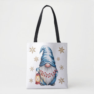 Blauer Weihnachts-Gnom mit roter Laterne und Beere Tasche