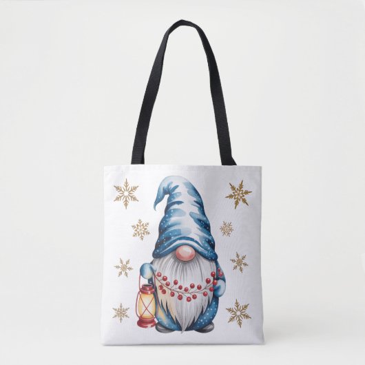 Blauer Weihnachts-Gnom mit roter Laterne und Beere Tasche (Vorderseite)