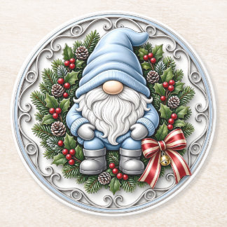 Blauer Weihnachts-Gnom Runder Pappuntersetzer