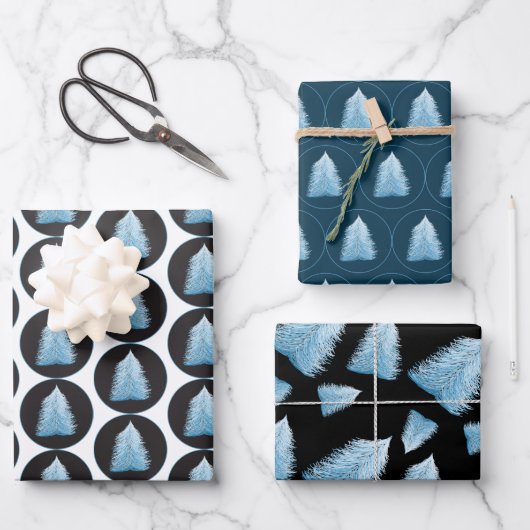 Blauer Weihnachtsbaum auf schwarz und blau Geschenkpapier Set (Vorderseite)