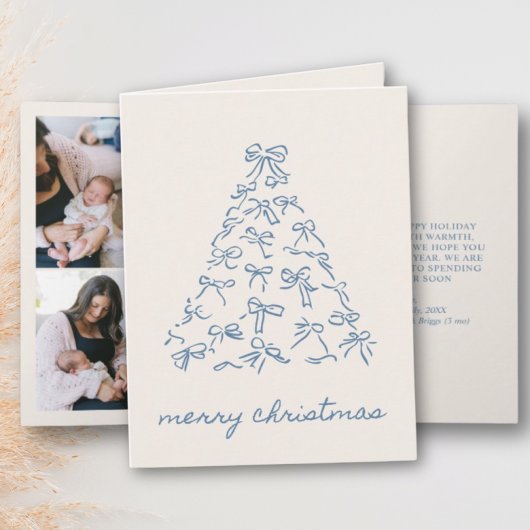 Blauer Weihnachtsbaum Doodle Bow 4 Foto geklappt Feiertagskarte