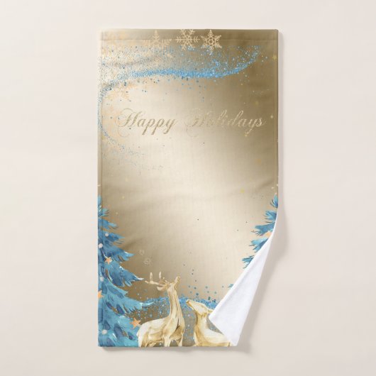 Blauer Weihnachtsbaum, Goldene Rentiere, Schneeflo Badhandtuch Set (Handtuch)