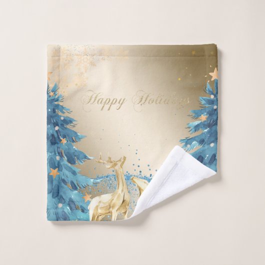 Blauer Weihnachtsbaum, Goldene Rentiere, Schneeflo Badhandtuch Set (Waschlappen)