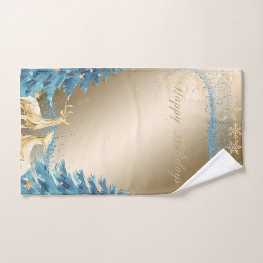 Blauer Weihnachtsbaum, Goldene Rentiere, Schneeflo Badhandtuch Set (Handtuch)