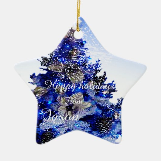 Blauer Weihnachtsbaum mit individueller Dekoration (Vorne)