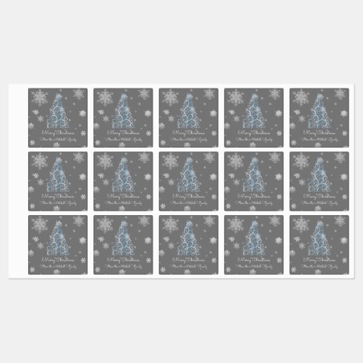Blauer Weihnachtsbaum und Schneeflocken Etiketten (Blatt)