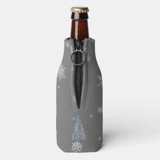 Blauer Weihnachtsbaum und Schneeflocken Flasche Co Flaschenkühler (Flasche Rückseite)