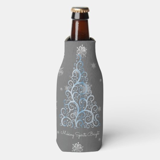 Blauer Weihnachtsbaum und Schneeflocken Flasche Co Flaschenkühler (Flaschenvorderseite)