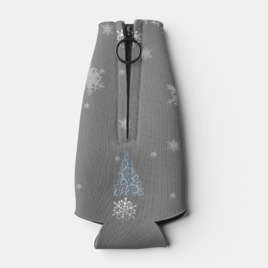 Blauer Weihnachtsbaum und Schneeflocken Flasche Co Flaschenkühler (Rückseite)