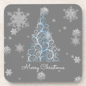 Blauer Weihnachtsbaum und Schneeflocken Plastische Getränkeuntersetzer (Vorderseite)