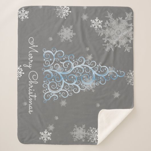 Blauer Weihnachtsbaum und Schneeflocken Sherpa Bla Sherpadecke (Vorderseite)