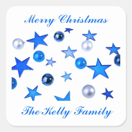 Blauer Weihnachtsdekor mit Text Quadratischer Aufkleber (Vorderseite)