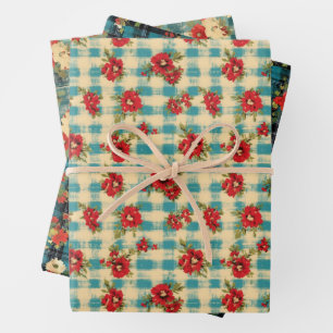 Blauer Weihnachtsgeschmack Karierte Wasserfarbe Fl Geschenkpapier Set