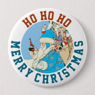 Blauer Weihnachtsmann mit Weihnachtsgeschenken im Button