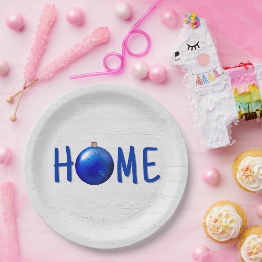 Blauer Weihnachtsschmuck mit Zuhause Text Pappteller (Party)