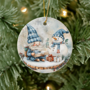 Blauer Weihnachtszwerg Keramik Ornament