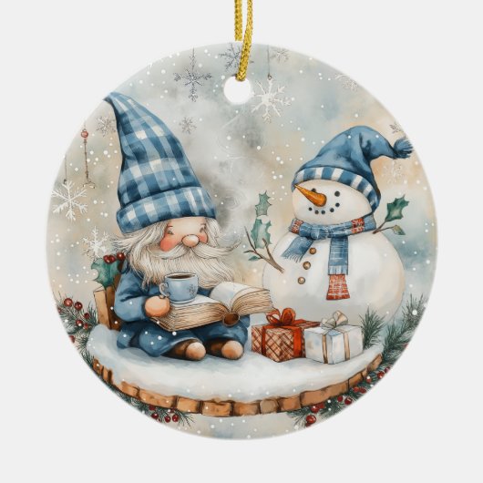 Blauer Weihnachtszwerg  Keramik Ornament (Vorne)