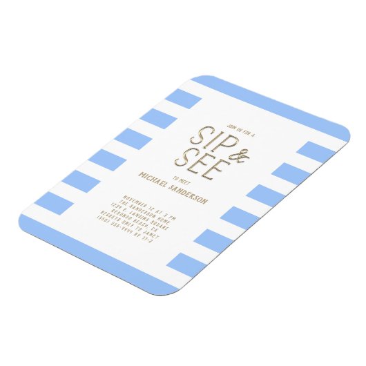 Blauer, weiß gestreifte Babydusche Magnet (Linke Seite)