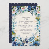 Blauer Weiße Blüte 60. Scalloped Geburtstag Einladung (Vorne/Hinten)