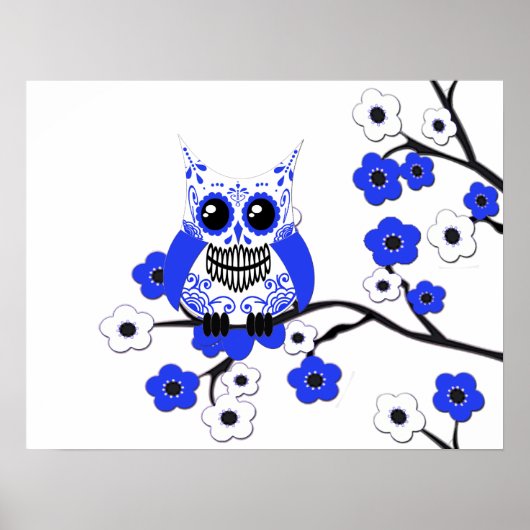 Blauer Weiße Kirschblüten Owl Poster (Vorne)