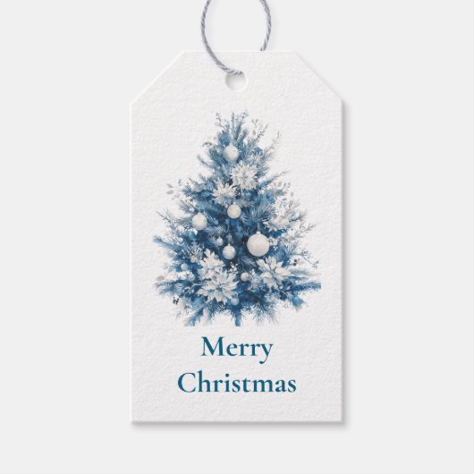 Blauer weiße Weihnachtsbaum Geschenkanhänger (Vorderseite)