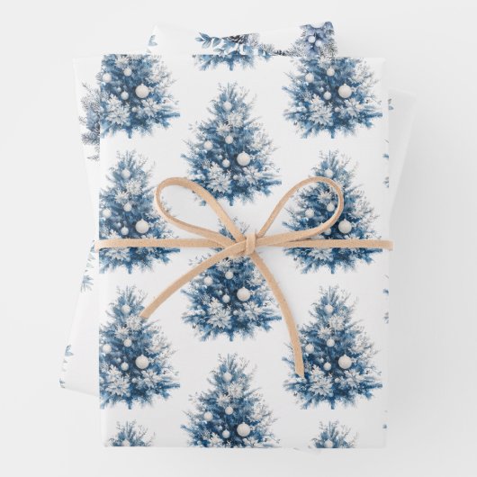 Blauer weiße Weihnachtsbaum Geschenkpapier Set (Beispiel)