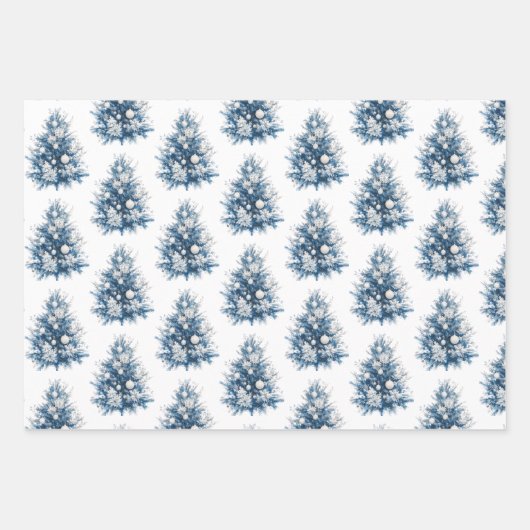 Blauer weiße Weihnachtsbaum Geschenkpapier Set (Vorderseite)