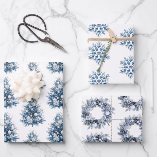 Blauer weiße Weihnachtsbaum Geschenkpapier Set (Vorderseite)