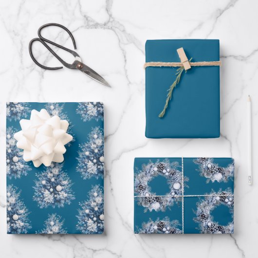 Blauer weiße Weihnachtsbaum Geschenkpapier Set (Vorderseite)