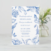 Blauer weißer Blumen eleganter Geburtstag Einladung (Stehend Vorderseite)