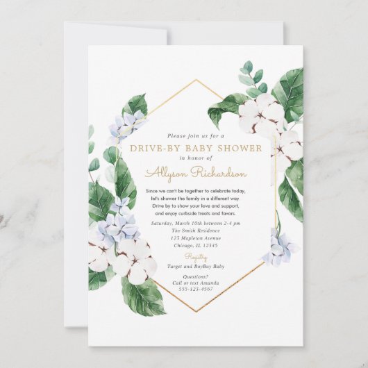 Blauer weißer Blütengoldverschluss Drive by spring Einladung (Vorderseite)