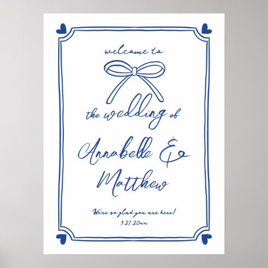 Blauer weißer Bow Whimsical Wedding Begrüßungszeic Poster (Vorne)