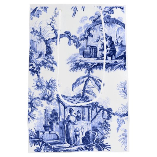 Blauer weißer Chinoiserie Toile Mittlere Geschenktüte (Rückseite)