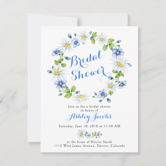 Blauer weißer Daisy Blumendusche Einladung (Vorderseite)