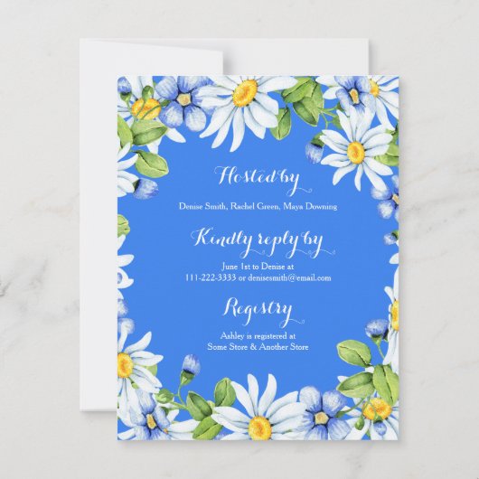 Blauer weißer Daisy Blumendusche Einladung (Rückseite)