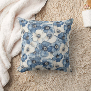Blauer Weißer Denim Herzstreifen Floral Kissen