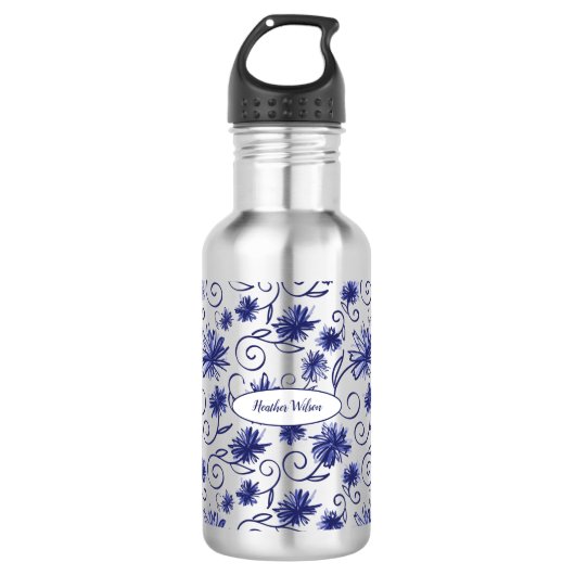 Blauer weißer Flasche Wasser Flasche mit Name Edelstahlflasche (Vorderseite)