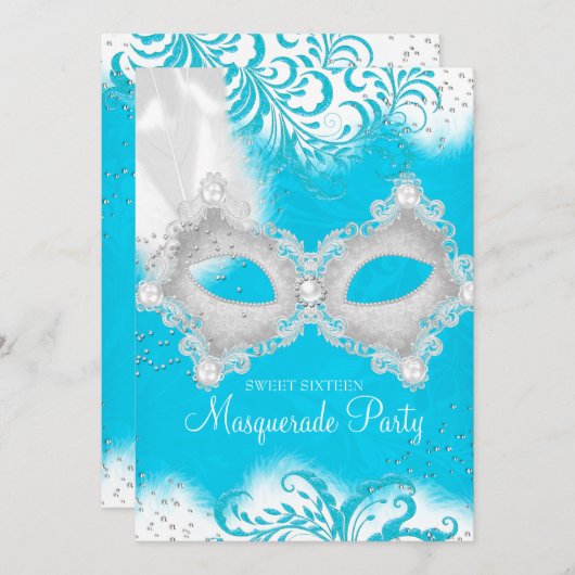 Blauer weißer Funkelmasquerade Sweet 16 Einladung (Vorne/Hinten)