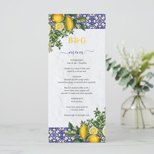 Blauer weißer, gelber Mittelmeerfleck Menükarte (Stehend Vorderseite)