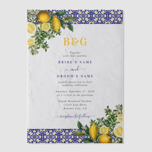 Blauer weißer, gelber Mittelmeerfleck Pergament Einladungen (Vorderseite)