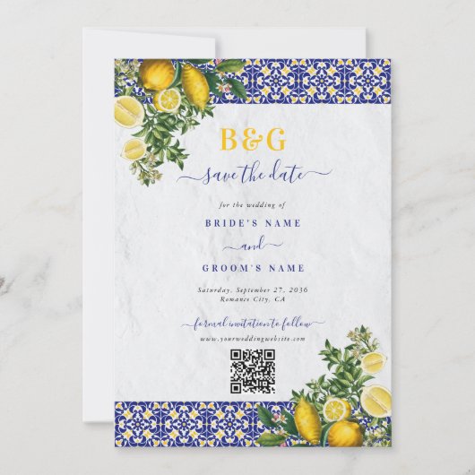 Blauer weißer, gelber Mittelmeerfleck Save The Date (Vorderseite)