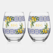 Blauer weißer, gelber Mittelmeerfleck Weinglas Ohne Stiel (Rückseite)