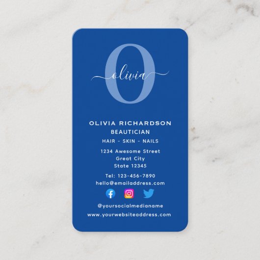 Blauer weißer Girl für vertikale Monogramm-Skriptn Visitenkarte (Vorderseite)
