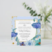 Blauer weißer Goldrahmen für Flora und Fauna Einladung (Stehend Vorderseite)