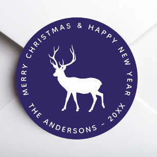 Blauer Weißer Hirsch Merry Christmas Feiertage Runder Aufkleber