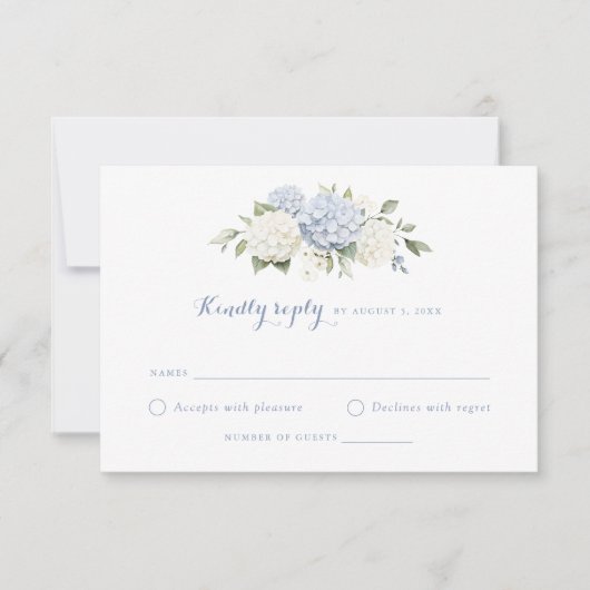 Blauer weißer Hydrangea Wedding RSVP Einladung (Vorderseite)