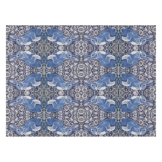 Blauer Weißer Kaninchen Blumenzauber Tischdecke (Vorderseite (Horizontal))